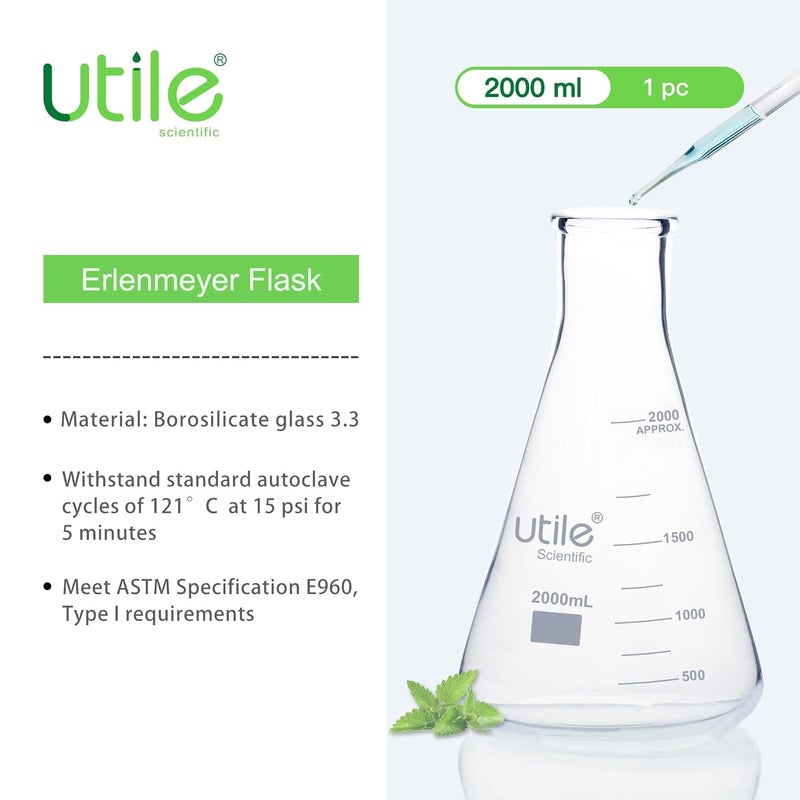 UTILE Glass Erlenmeyer Flask Set, 2000ml Narrow Mouth Erlenmeyer Flasks, Borosilicate 3.3 Glass Conical Flasks for Laboratory with Printed Graduation, 4016.2000.1 - Image 2